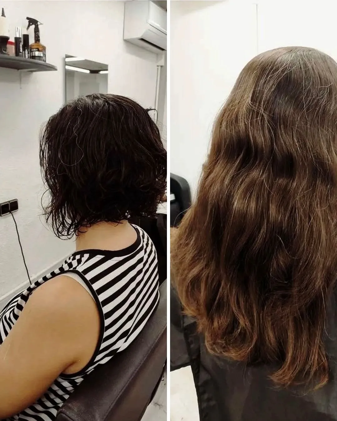 Antes y después de un corte en el salón: media melena rizada y melena larga castaña con movimiento