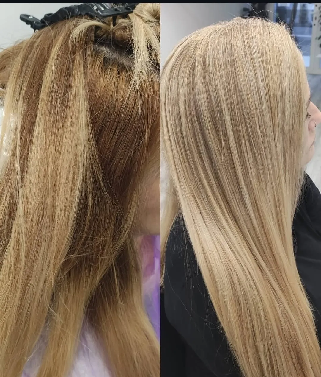 Antes y después: de mechas anaranjadas a un rubio beige luminoso