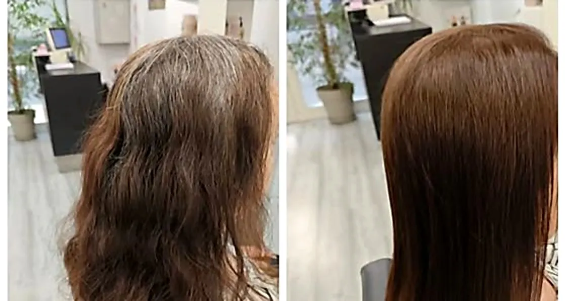 Antes y después: de raíz con canas y pelo encrespado a un castaño uniforme, liso y brillante